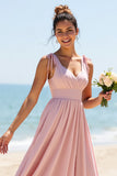 V-Neck Candy Pink Boho Long Bridesmaid Dress with Pleats