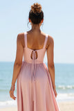 V-Neck Candy Pink Boho Long Bridesmaid Dress with Pleats