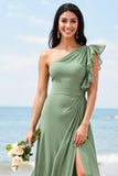 Ruffled Chiffon Dusty Sage Long Boho Bridesmaid Dress with Slit