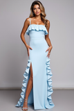 Sky Blue Ruffled Mermaid Satin Long Bridesmaid Dress with Slit