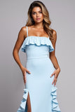 Sky Blue Ruffled Mermaid Satin Long Bridesmaid Dress with Slit