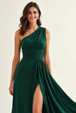 Ruched Boho Dark Green Long Bridesmaid Dress with Slit
