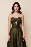 Olive Satin A Line Strapless Midi Keyhole Homecoming Dress