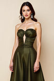 Olive Satin A Line Strapless Midi Keyhole Homecoming Dress