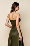 Olive Satin A Line Strapless Midi Keyhole Homecoming Dress