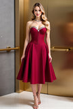 Sparkly Dark Red A Line Satin Corset Midi Homecoming Dress with Beading