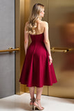 Sparkly Dark Red A Line Satin Corset Midi Homecoming Dress with Beading