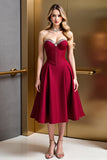 Sparkly Dark Red A Line Satin Corset Midi Homecoming Dress with Beading