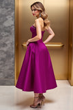 Fuchsia Corset A Line Satin Midi Sweetheart Cocktail Dress with Beading