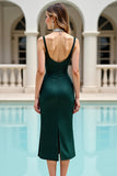Pine Satin Deep V Neck Beaded Midi Bodycon Homecoming Dress with Slit