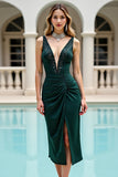 Pine Satin Deep V Neck Beaded Midi Bodycon Homecoming Dress with Slit
