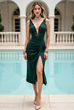 Pine Satin Deep V Neck Beaded Midi Bodycon Homecoming Dress with Slit