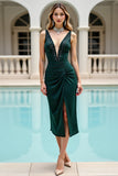 Pine Satin Deep V Neck Beaded Midi Bodycon Homecoming Dress with Slit