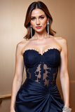 Navy Bodycon Satin Sweetheart Short Ruched Homecoming Dress with Appliques