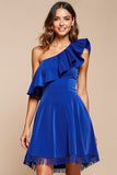 Royal Blue One Shoulder A Line Short Homecoming Dress with Ruffles