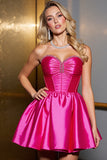 Fuchsia Satin A Line Strapless Short Corset Homecoming Dress