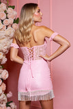 Candy Pink Corset Short Bodycon Homecoming Dress with Fringes