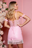 Candy Pink Corset Short Bodycon Homecoming Dress with Fringes