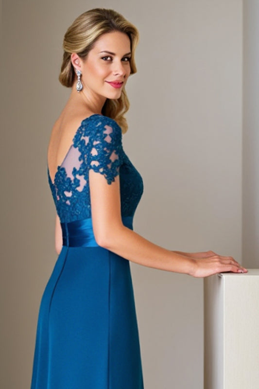 Peacock Blue A Line Satin Midi Mother of the Bride Dress with Appliques