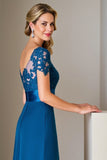 Peacock Blue A Line Satin Midi Mother of the Bride Dress with Appliques