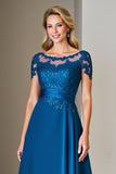 Peacock Blue A Line Satin Midi Mother of the Bride Dress with Appliques