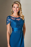 Peacock Blue A Line Satin Midi Mother of the Bride Dress with Appliques