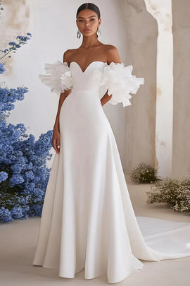 Ivory Satin Sweep Train A Line Wedding Dress with Ruffles