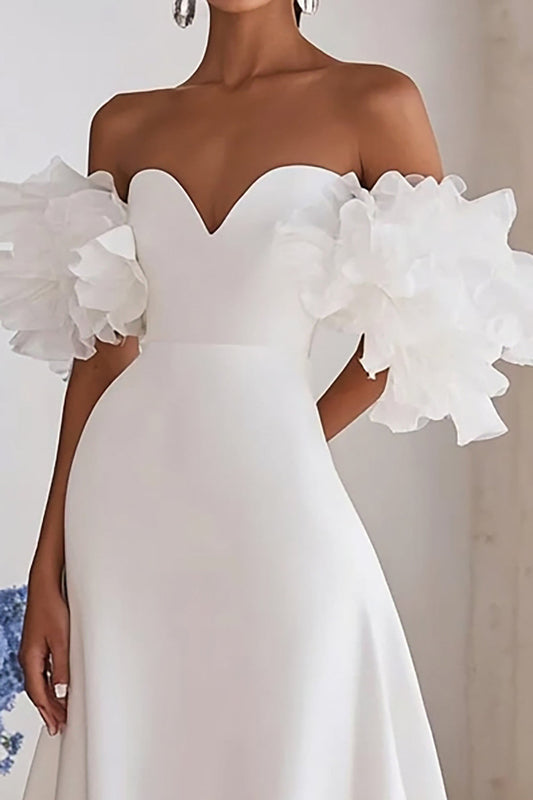 Ivory Satin Sweep Train A Line Wedding Dress with Ruffles
