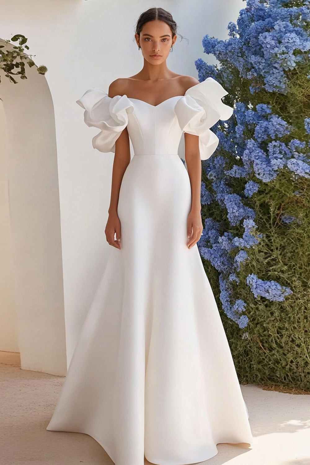 Ivory Satin A Line Off the Shoulder Long Wedding Dress with Ruffles