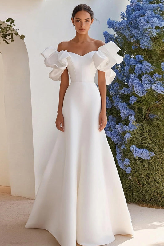 Ivory Satin A Line Off the Shoulder Long Wedding Dress with Ruffles