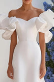 Ivory Satin A Line Off the Shoulder Long Wedding Dress with Ruffles