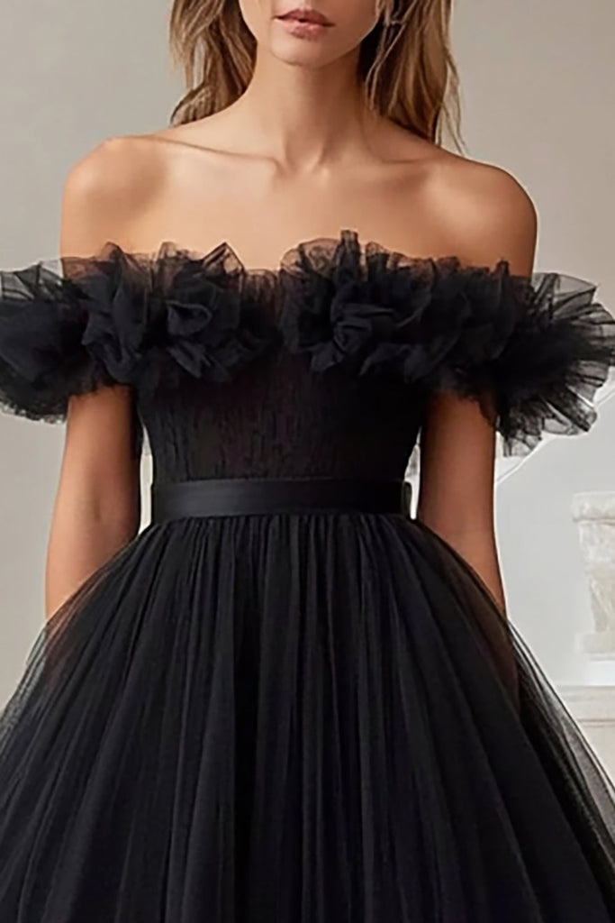 Off Shoulder High-Low Tulle A - Line Regular Prom Dress oli00546