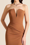 Brown Sheath Strapless Long Formal Dress with Slit