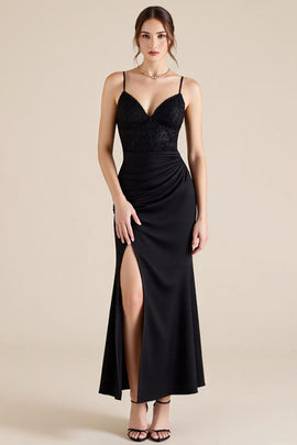 Black Spaghetti Straps Ruched Long Sheath Formal Dress with Slit