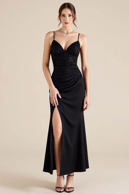 Black Spaghetti Straps Ruched Long Sheath Formal Dress with Slit