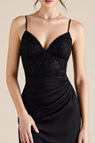 Black Spaghetti Straps Ruched Long Sheath Formal Dress with Slit