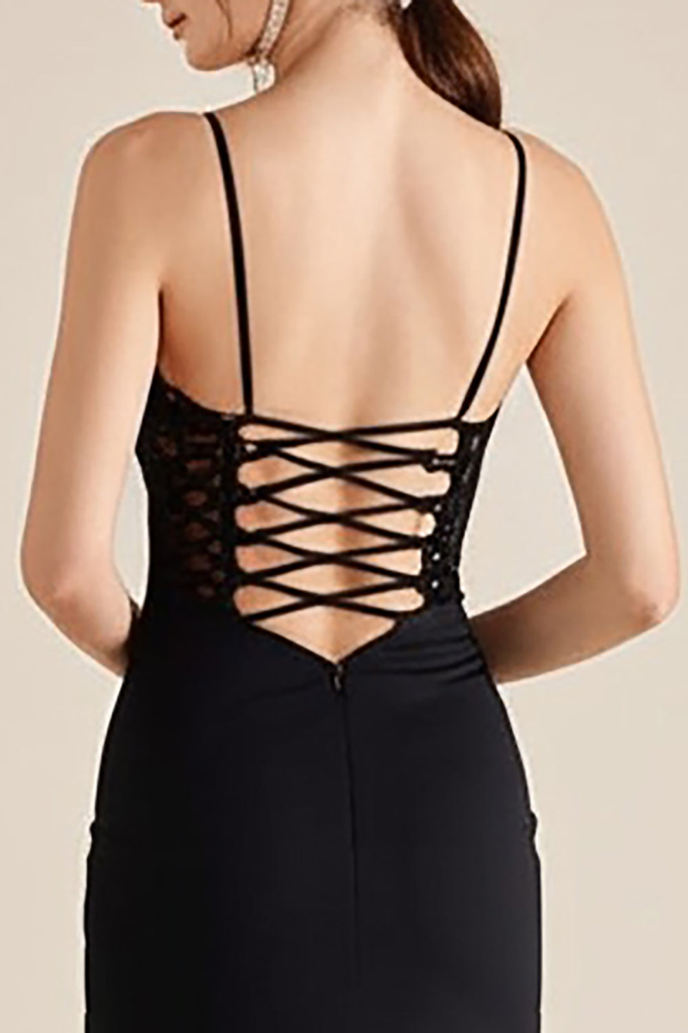Black Spaghetti Straps Ruched Long Sheath Formal Dress with Slit