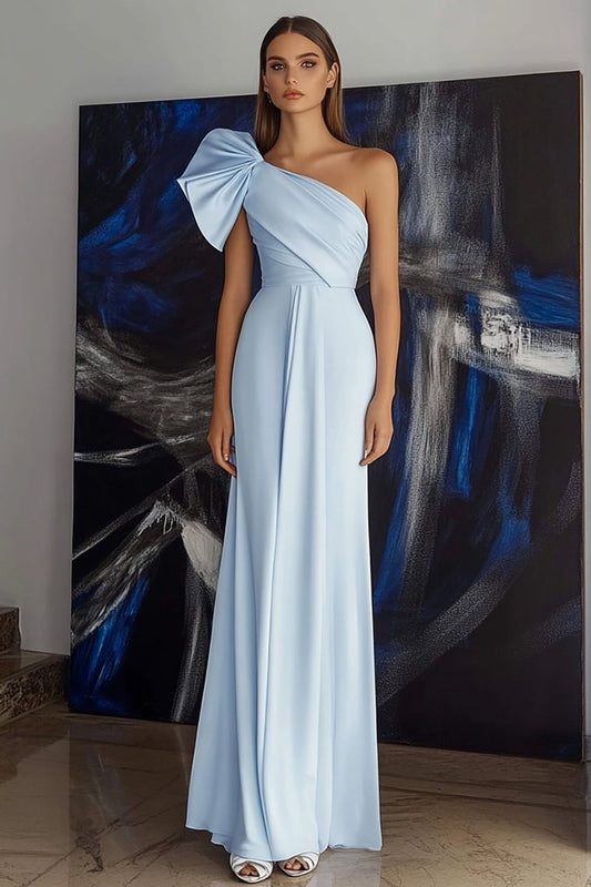 Sky Blue Ruched Satin Sheath Long One Shoulder Formal Dress with Bow