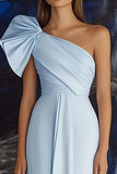 Sky Blue Ruched Satin Sheath Long One Shoulder Formal Dress with Bow