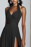 Black A Line Halter Neck Pleated Long Formal Dress with Slit