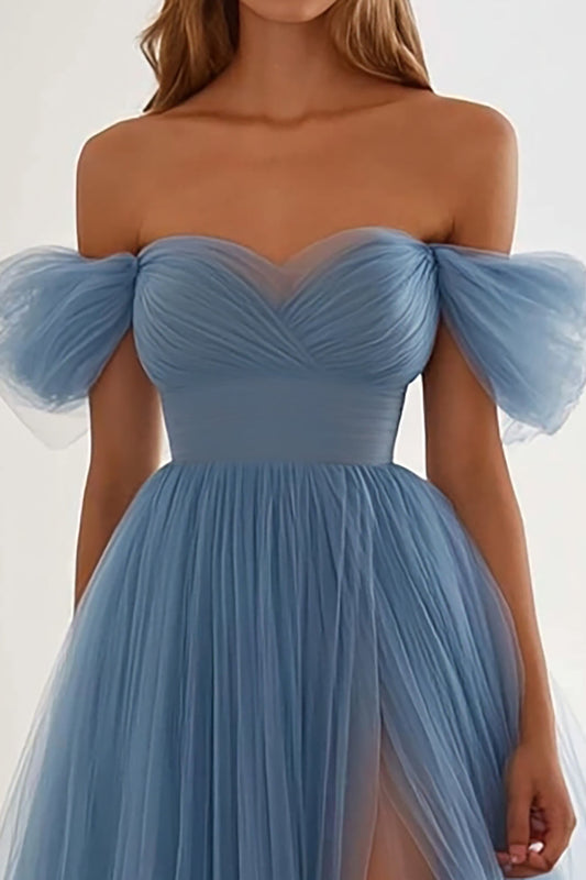 Grey Blue Sweetheart A Line Long Formal Dress with Slit
