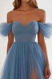 Grey Blue Sweetheart A Line Long Formal Dress with Slit