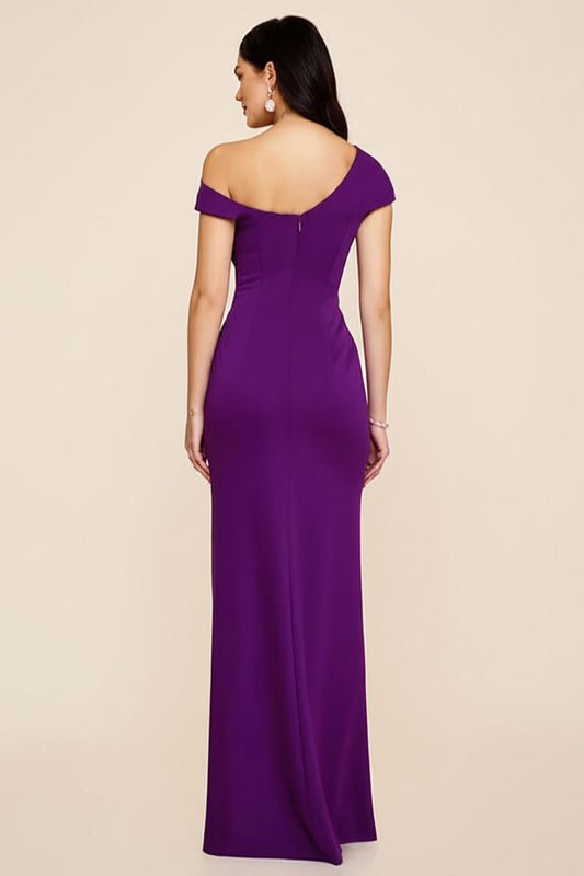 Plum Sheath Ruched Satin Asymmetrical Long Formal Dress