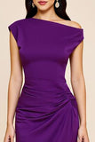 Plum Sheath Ruched Satin Asymmetrical Long Formal Dress