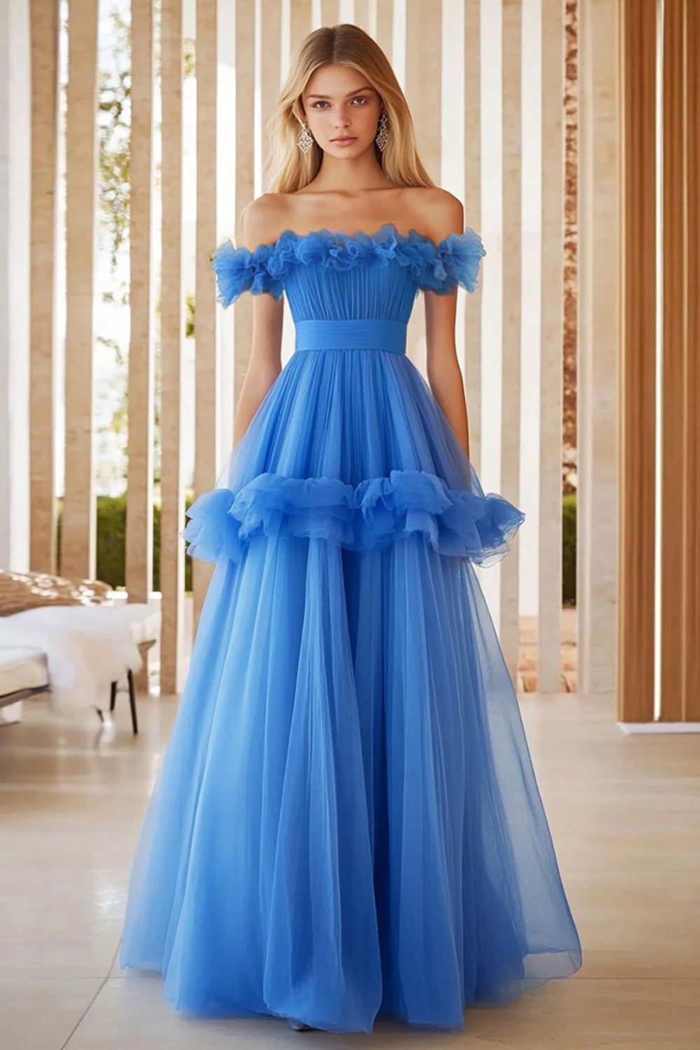 Blue Off the Shoulder A Line Long Tulle Prom Dress with Ruffles