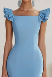 Sky Blue Square Neck Mermaid Long Satin Formal Dress with Ruffles