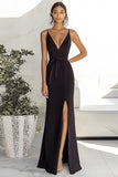 Black Satin Deep V Neck Long Sheath Prom Dress with Slit