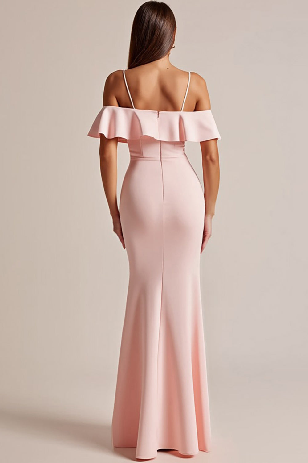 Pink Cold Shoulder Ruffled Long Formal Dress with Slit
