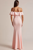 Pink Satin Spaghetti Straps Long Sheath Prom Dress with Slit