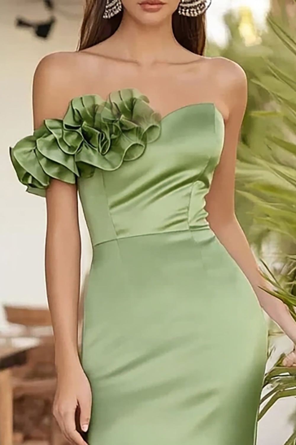 Sage Green Mermaid One Shoulder Long Prom Dress with Ruffles